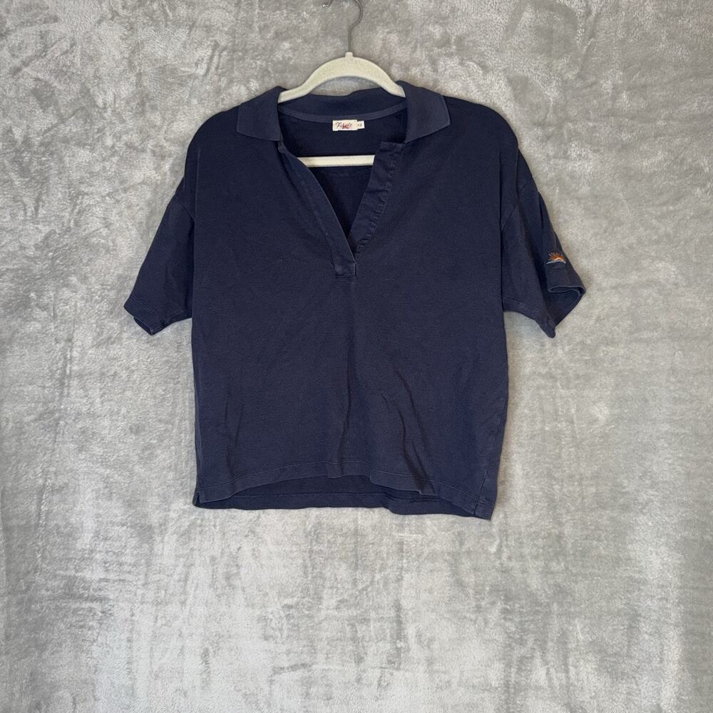 FAHERTY Womens Sunwashed Pique Casual Boxy Polo Small Navy Preppy Old Money
